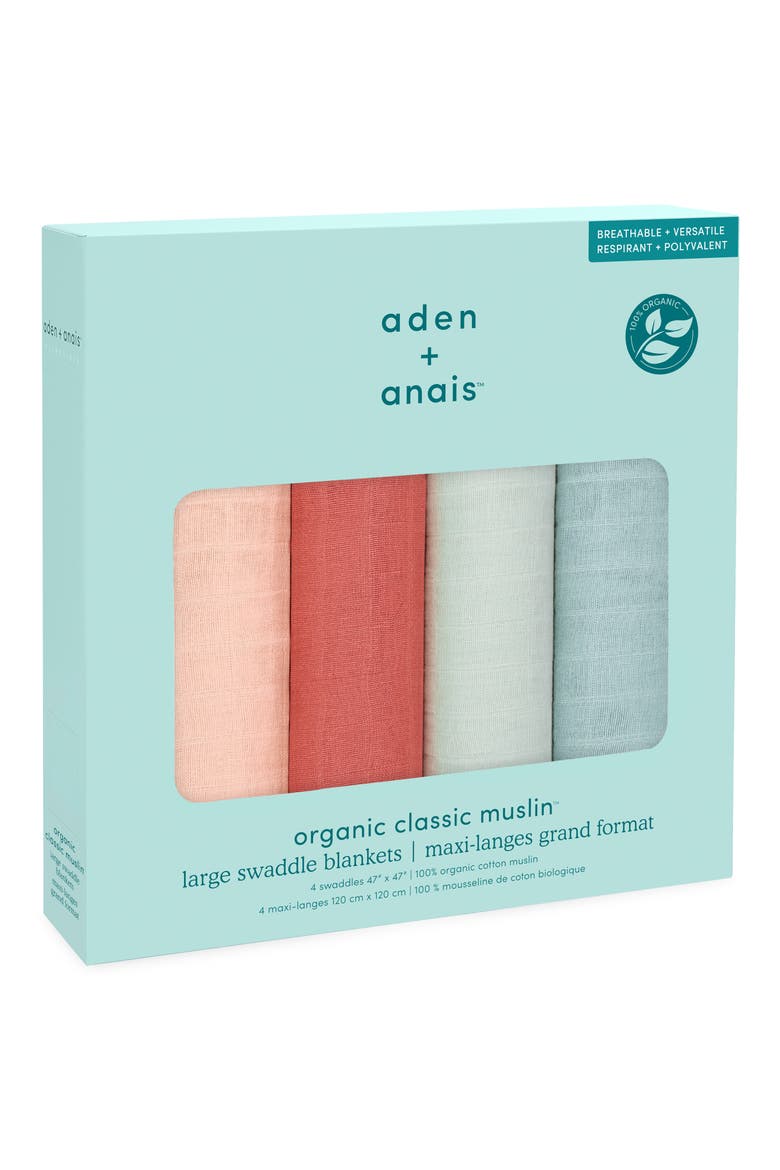Assorted 4-Pack Organic Cotton Muslin Swaddling Cloths, Alternate, color, MOTHER EARTH ORGANIC