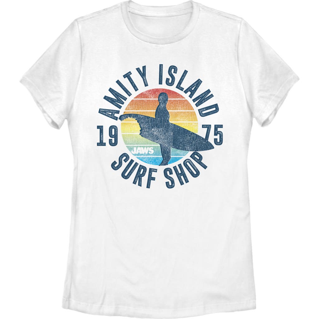 Jaws Retro Amity Island Surf Shop Graphic T-shirt In White