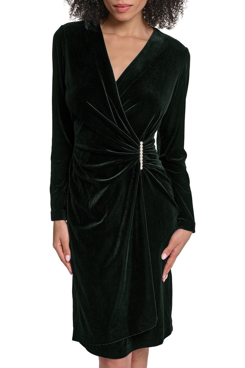 Faux Pearl Detail Long Sleeve Stretch Velvet Faux Wrap Dress, Alternate, color, BLACK