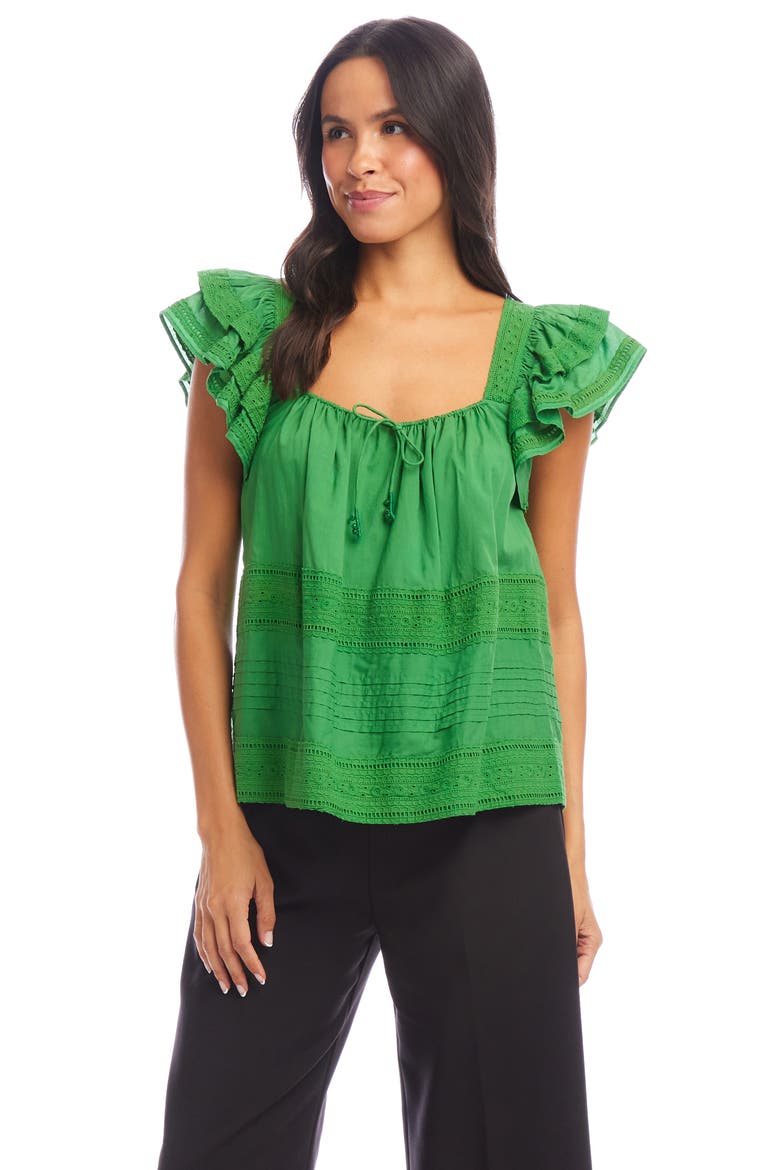 Ruffle Sleeve Embroidered Top, Alternate, color, GREEN