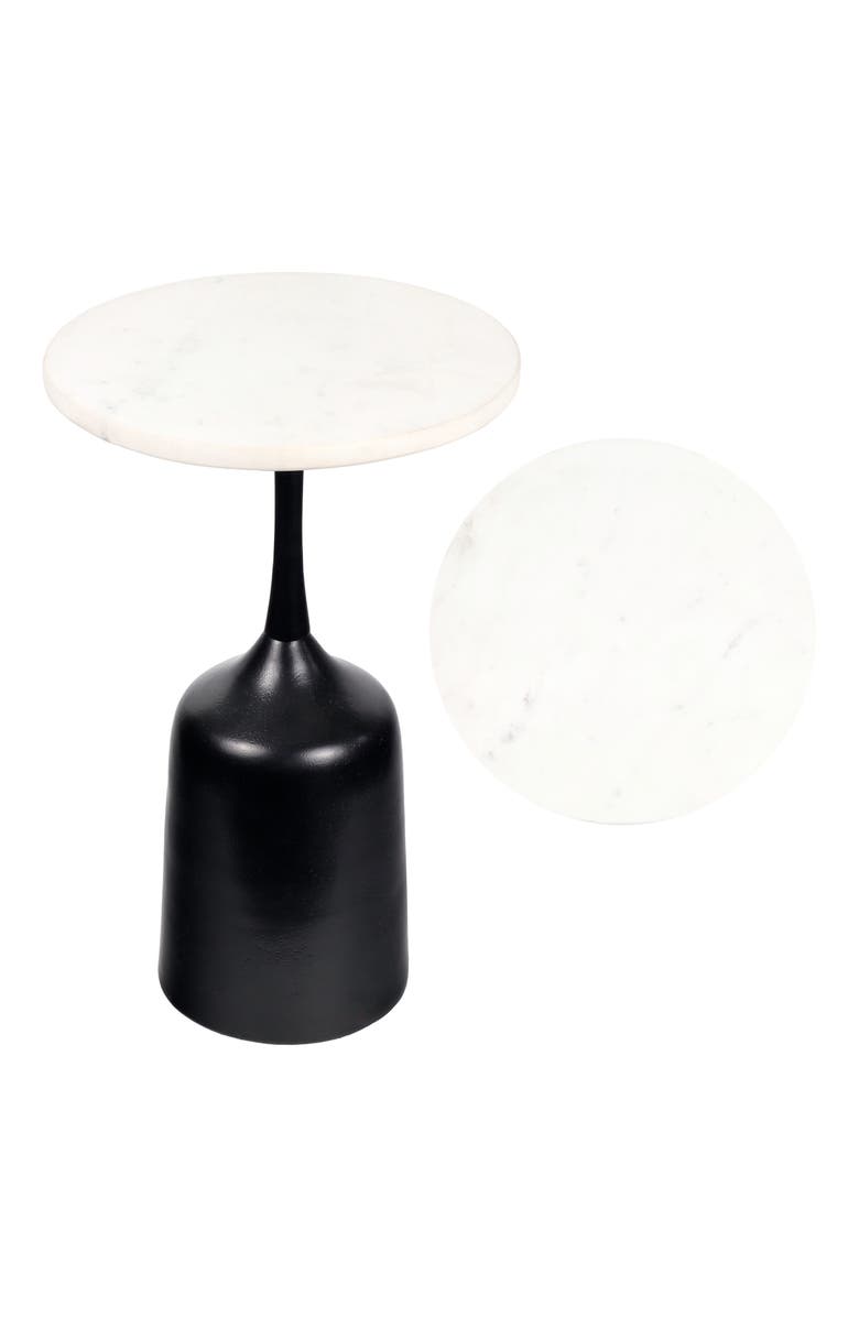 JONATHAN Y Pip 20.25" Classic Designer Metal Drink Table and Decorative End Table with White Marble Round Top and Bell Pedestal Base, Main, color, Antique Black