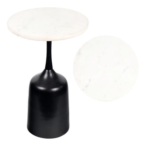 Pip 20.25" Classic Designer Metal Drink Table and Decorative End Table with White Marble Round Top and Bell Pedestal Base