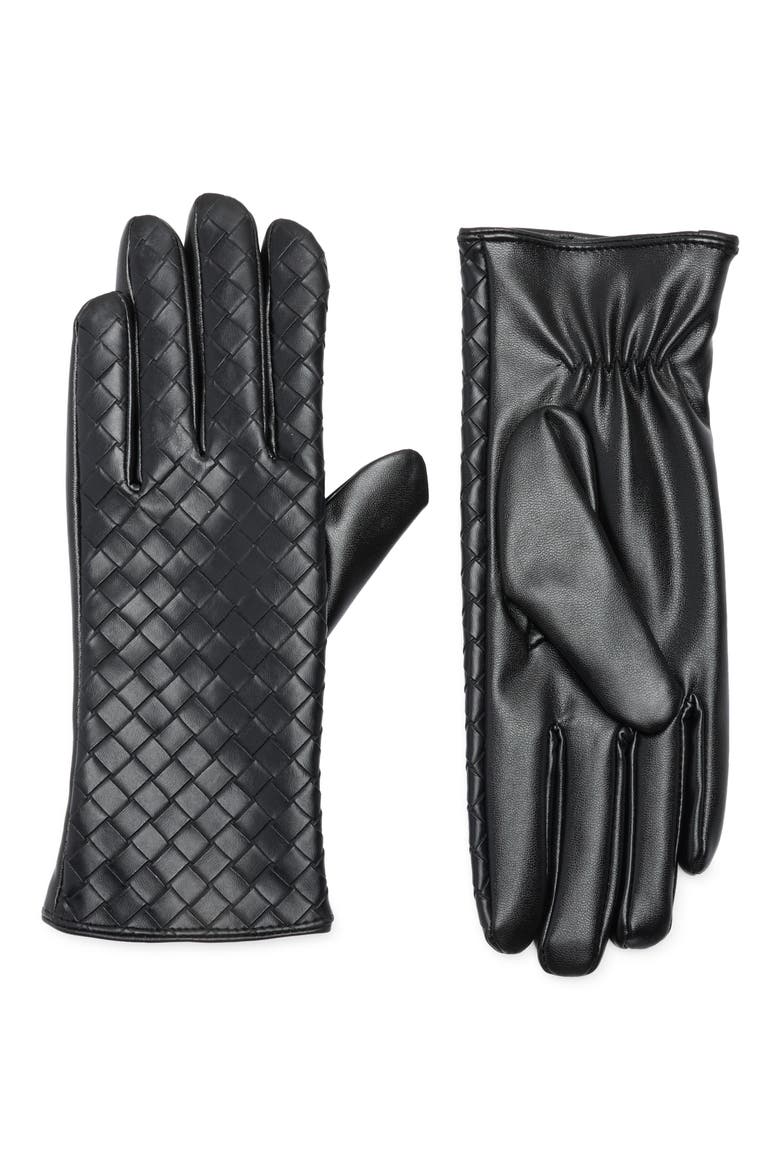 Crosshatch Faux Leather Gloves, Main, color, BLACK