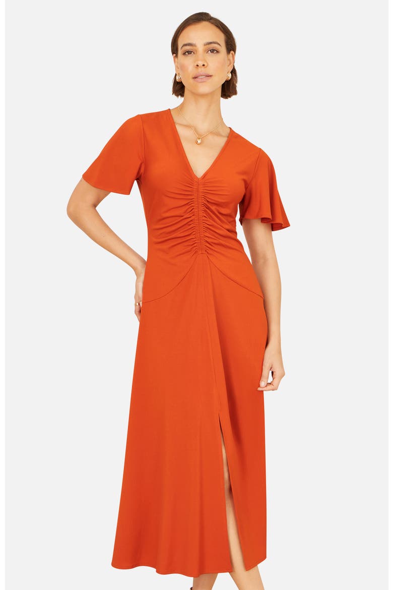 Ruched Front Stretch Midi Dress, Alternate, color, Orange