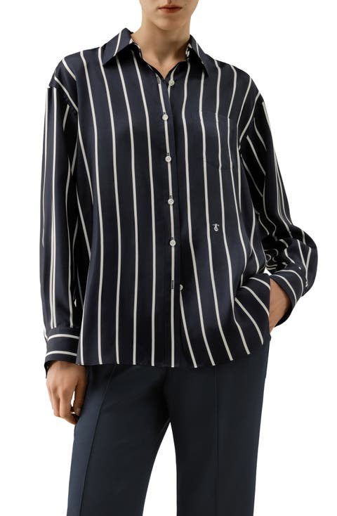 Silk Twill Striped Button-Down Shirt