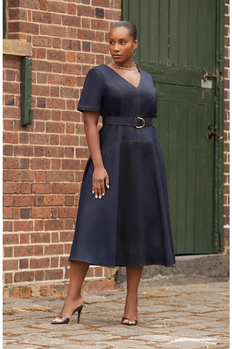 Lyra Belted Cotton Dress, Alternate, color, INDIGO NOIR
