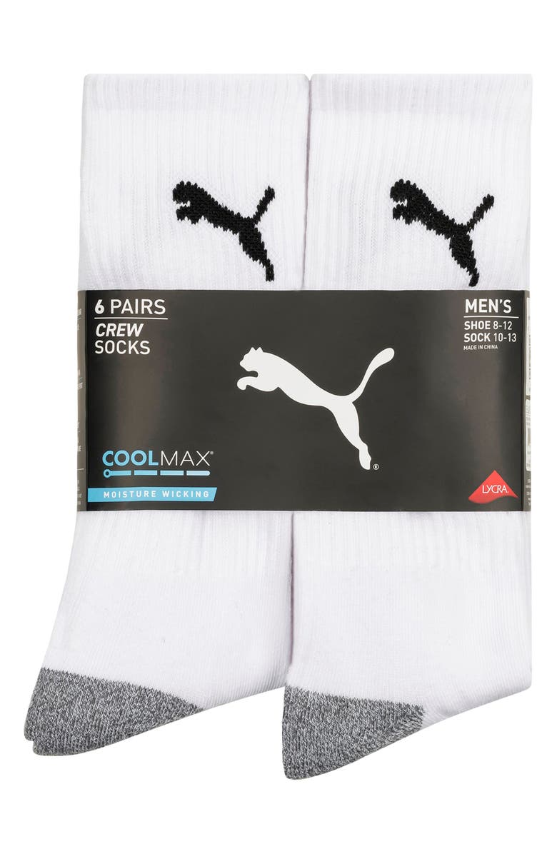 PUMA 6-Pack Terry Crew Length Socks, Alternate, color, White/ Black