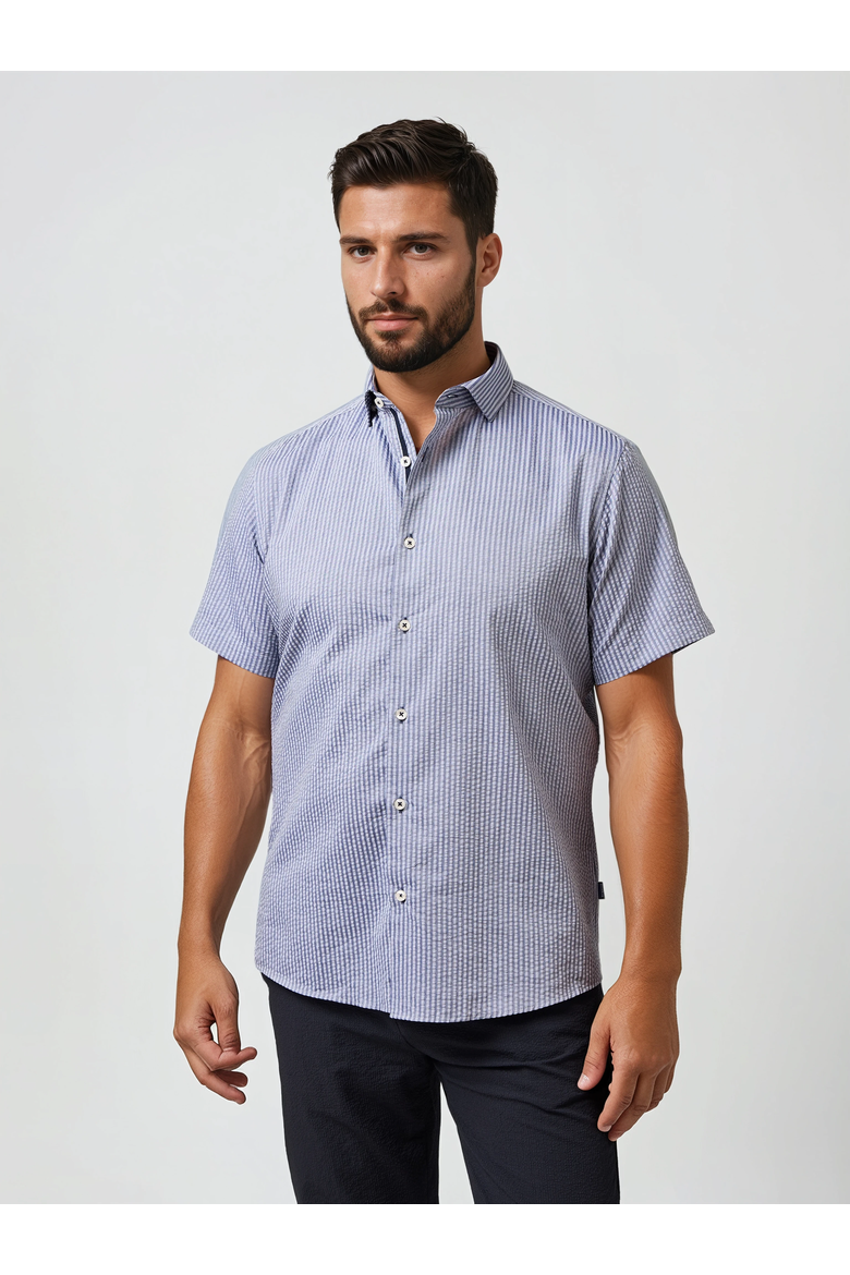 Seersucker Striped SS Button-Up Shirt, Main, color, Navy