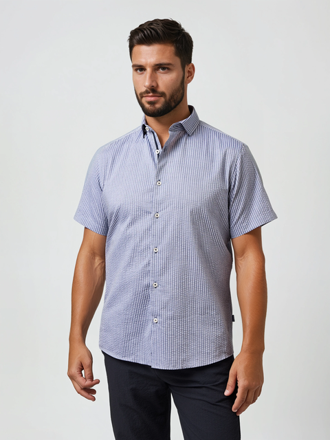 Seersucker Striped SS Button-Up Shirt