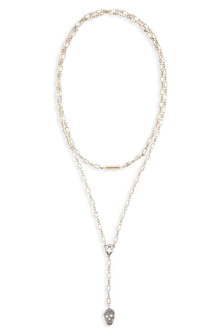 Layered Pavé Skull Y-Necklace, Main, color, PEARL