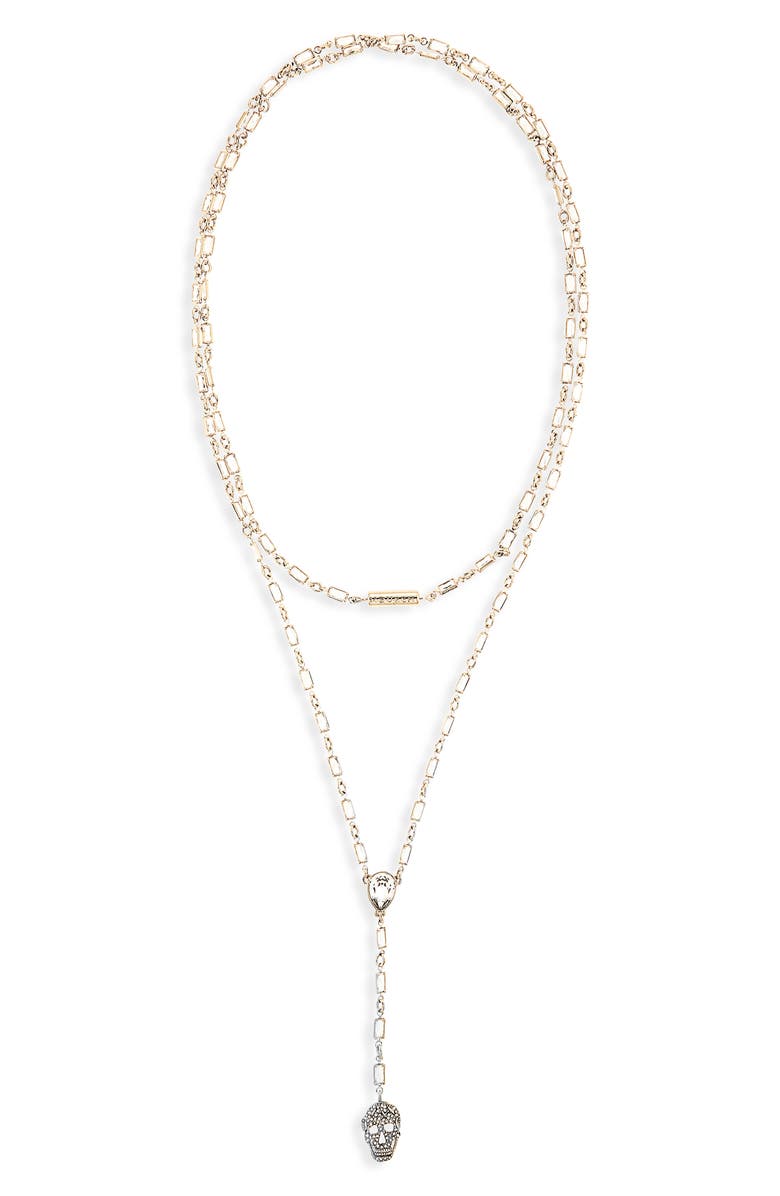 McQueen Layered Pavé Skull Y-Necklace, Main, color, Pearl