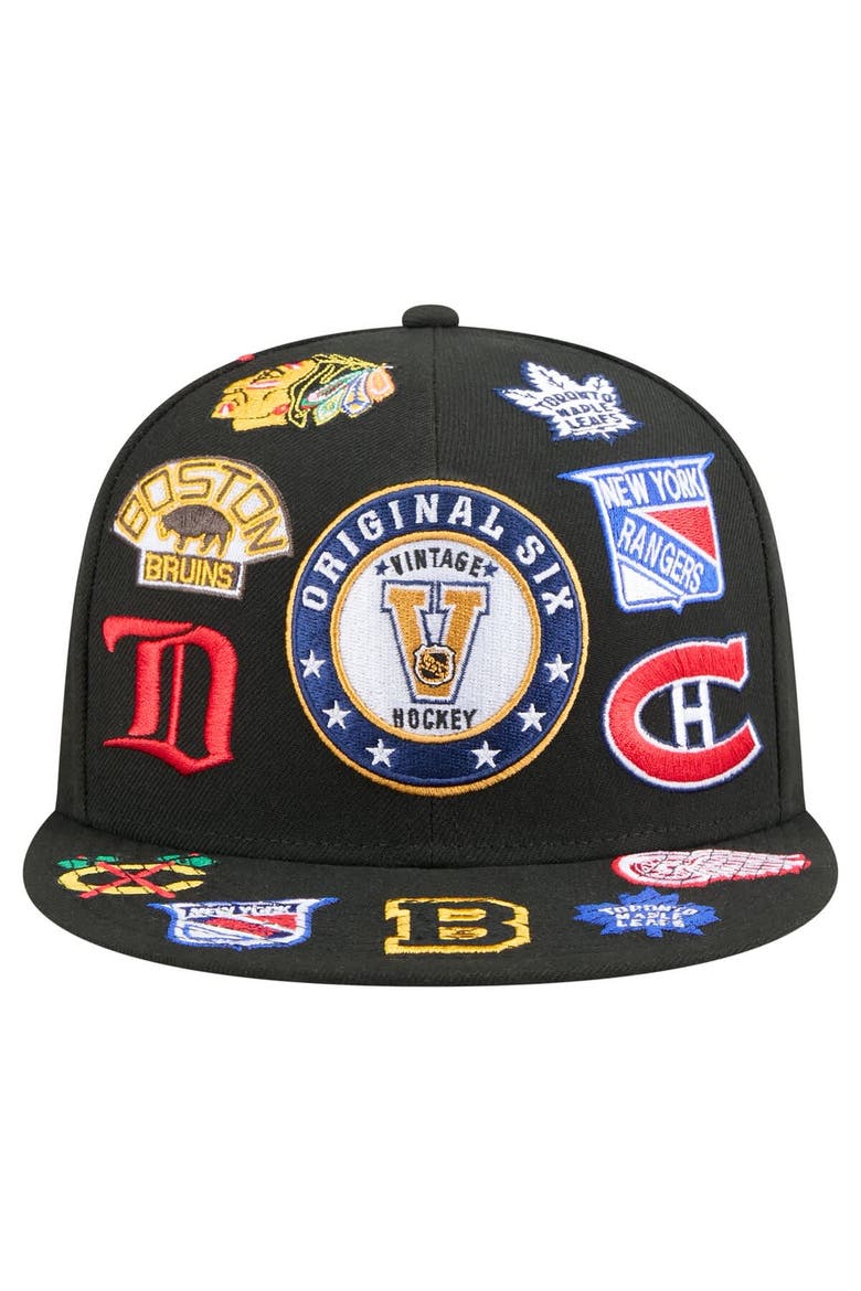 Men's New Era  Black Original 6 Allover Logos 9FIFTY Snapback Hat, Alternate, color, Black