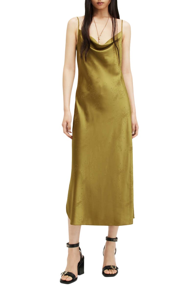 AllSaints Hadley Floral Jacquard Cowl Neck Slipdress, Main, color, Sap Green