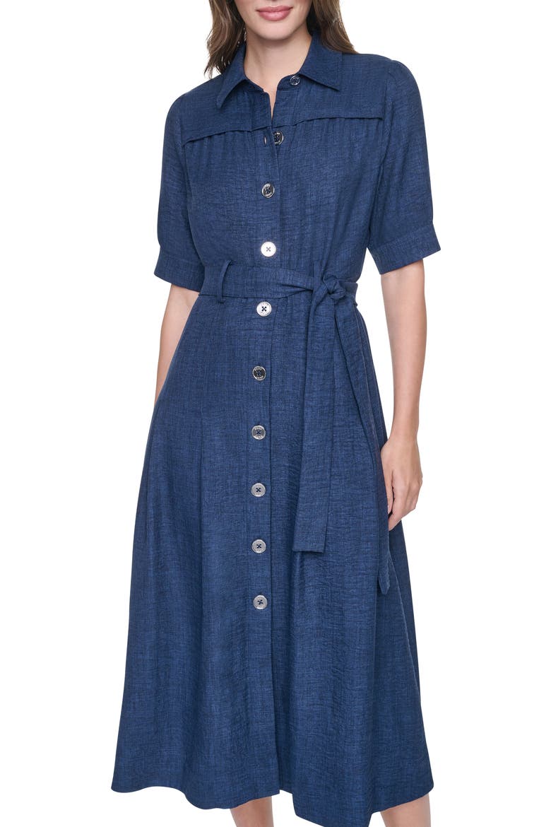Mélange Belted Shirtdress, Alternate, color, INDIGO