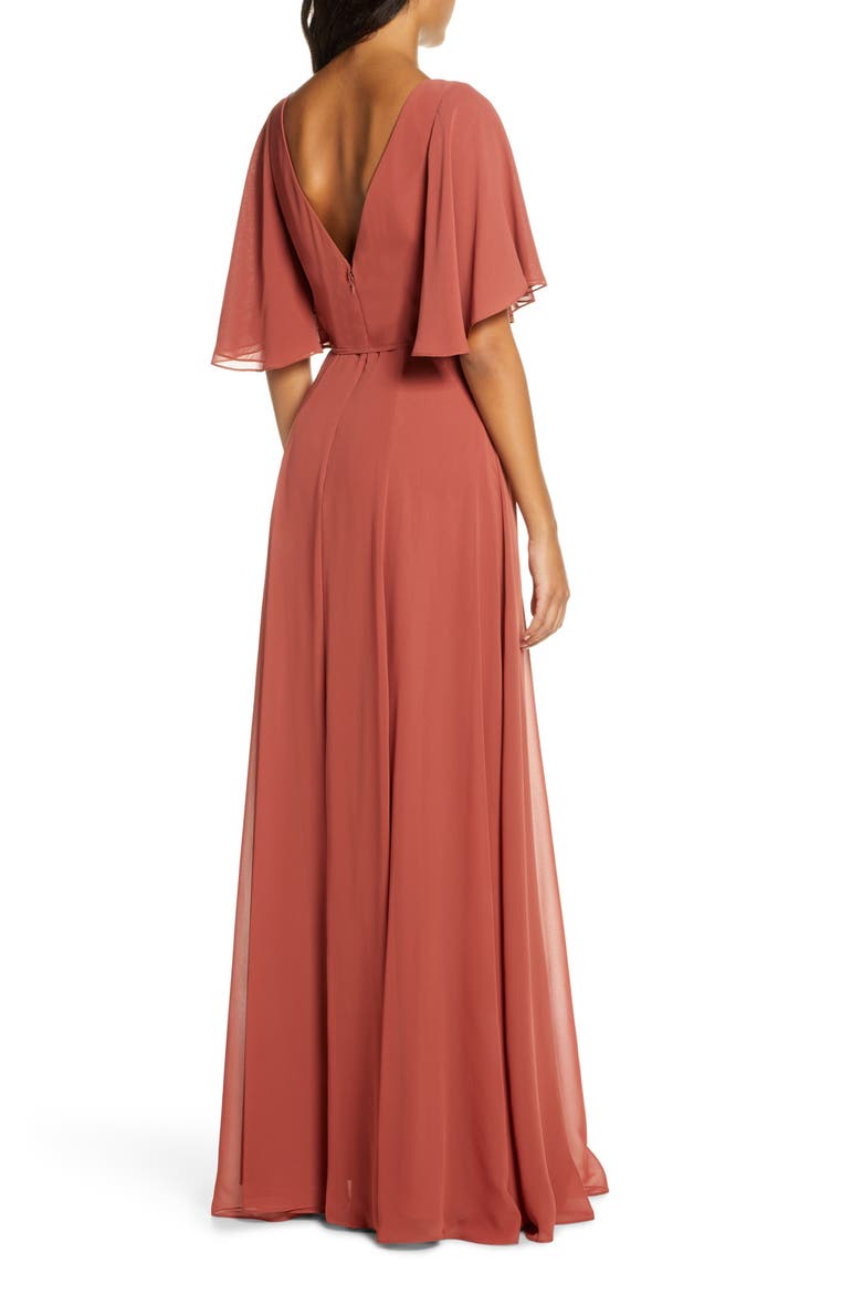 Ari Flutter Sleeve Faux Wrap Evening Gown, Alternate, color, ENGLISH ROSE