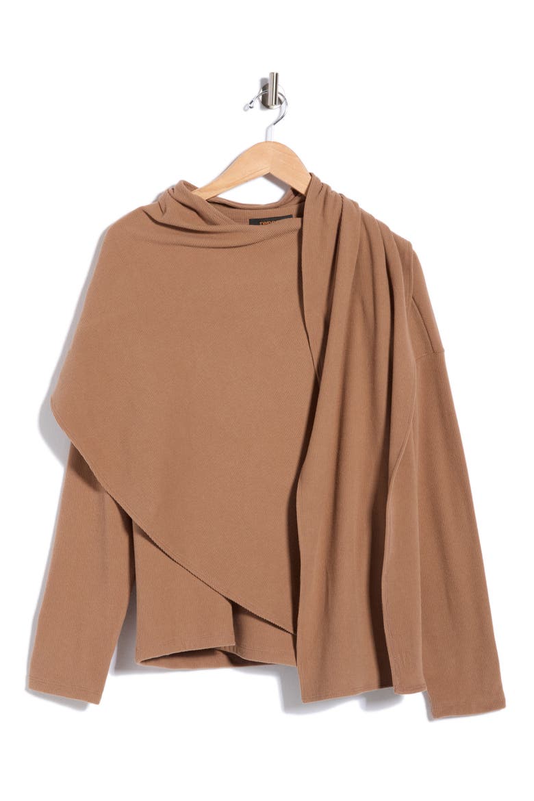 Draped Shawl Long Sleeve Ribbed Top, Alternate, color, CAMEL