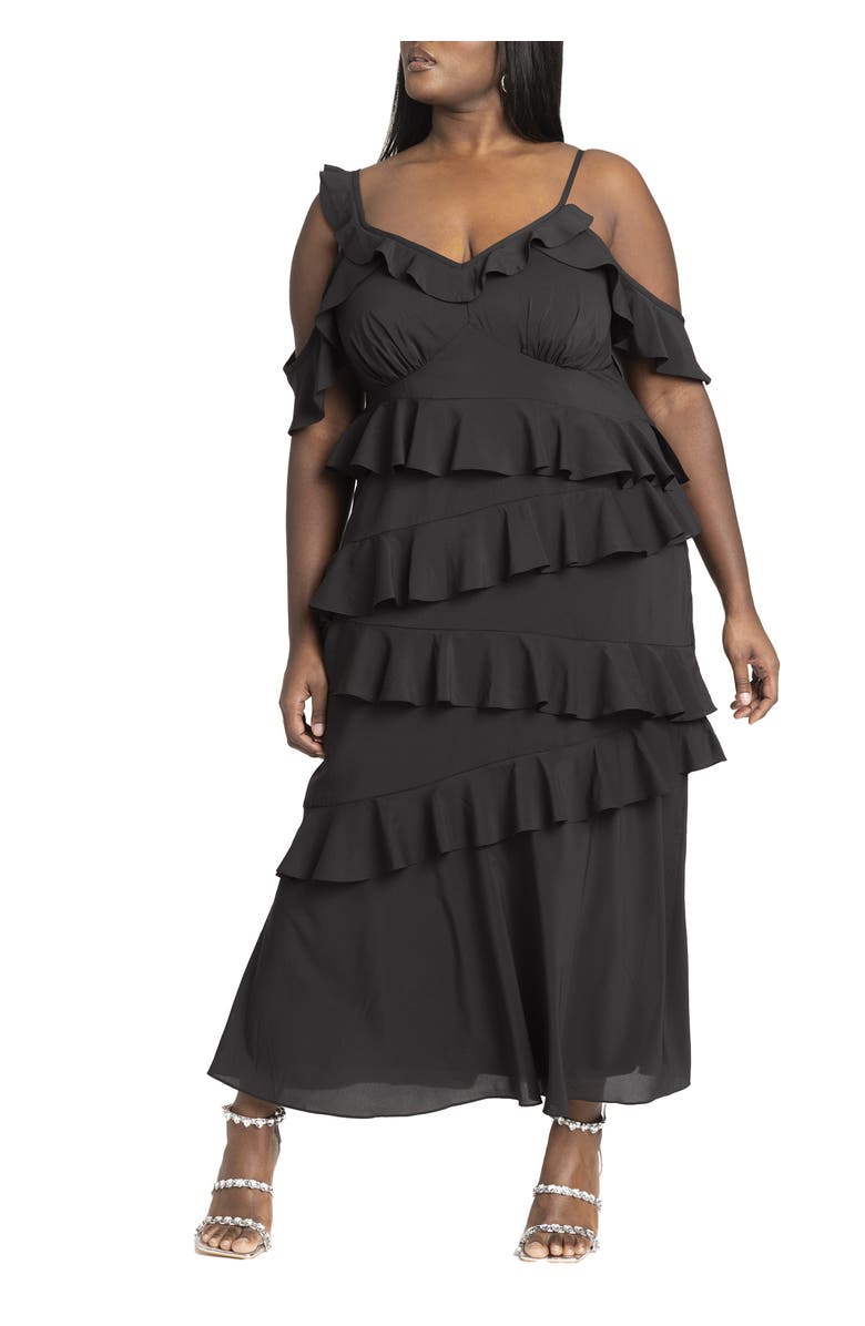 ELOQUII Asym Ruffle Maxi Dress, Main, color, Black Onyx