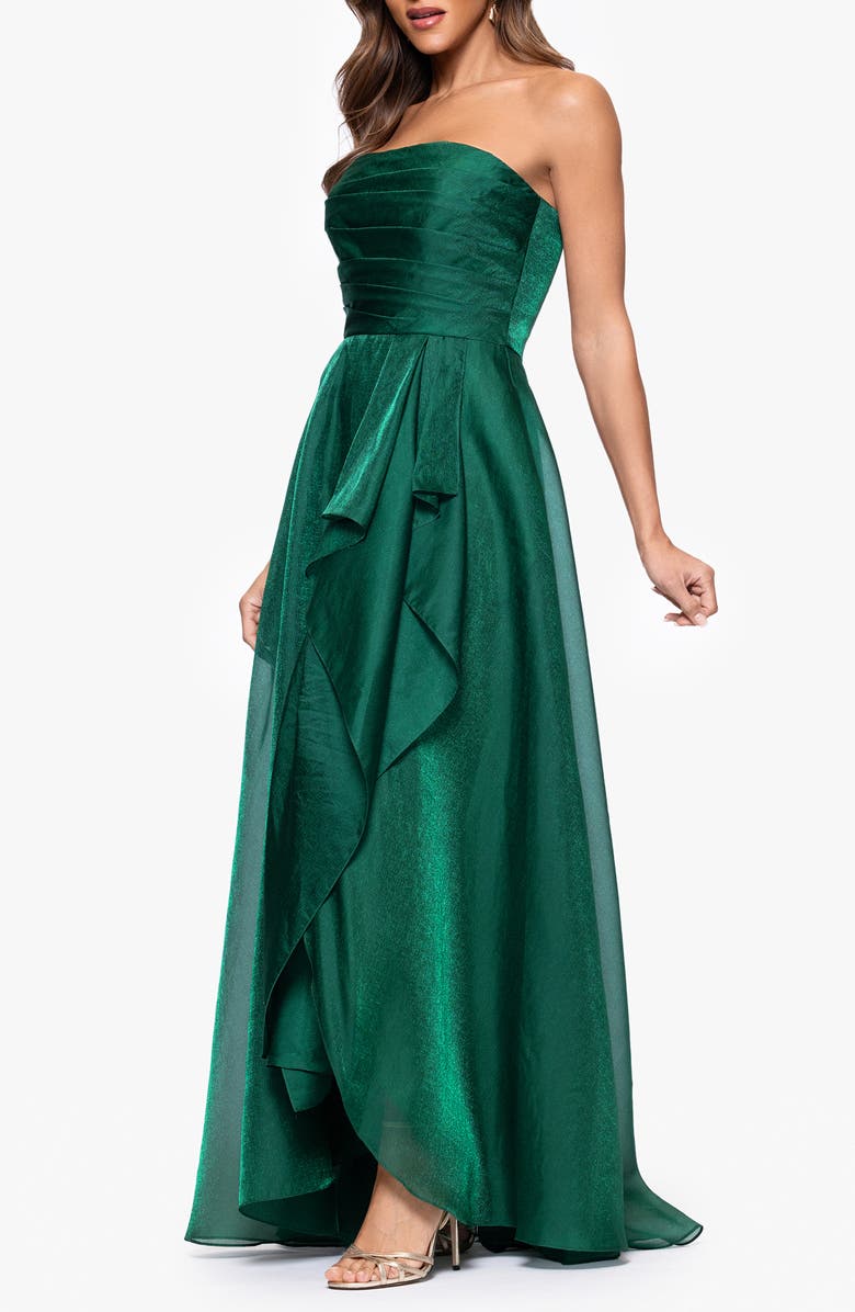 Xscape Evenings Strapless Ruffle Detail Metallic Organza Gown, Alternate, color, Green