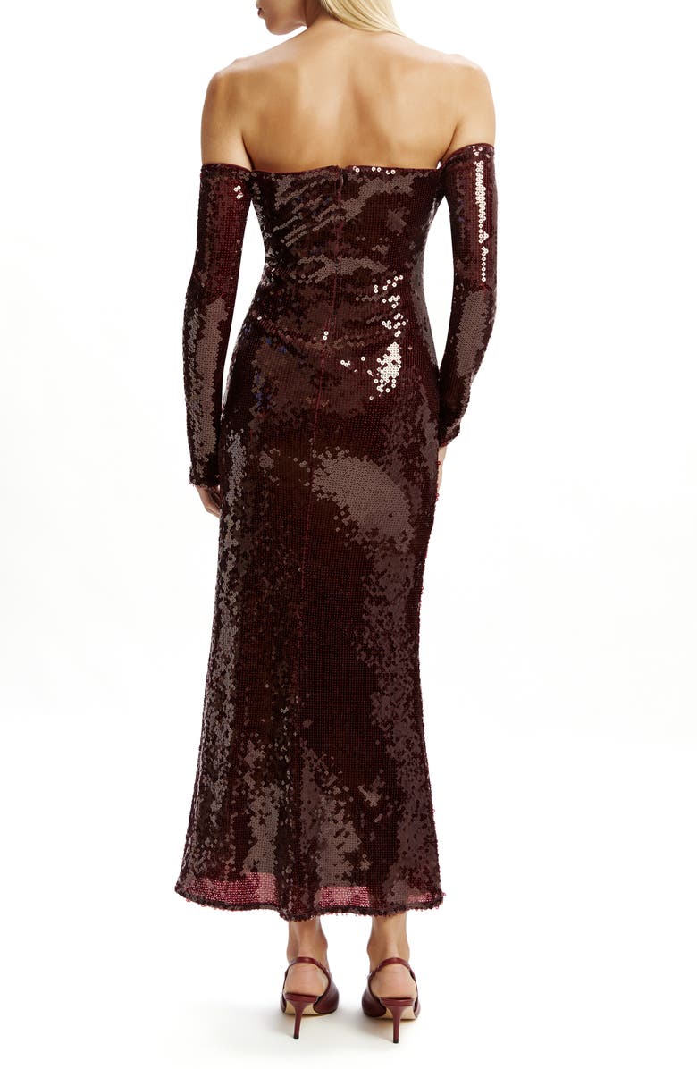 Bardot Emmeline Sequin Long Sleeve Off the Shoulder Dress, Alternate, color, Wine