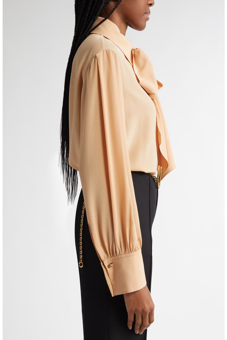 Tie Neck Silk Crêpe de Chine Button-Up Shirt, Alternate, color, SAND BROWN