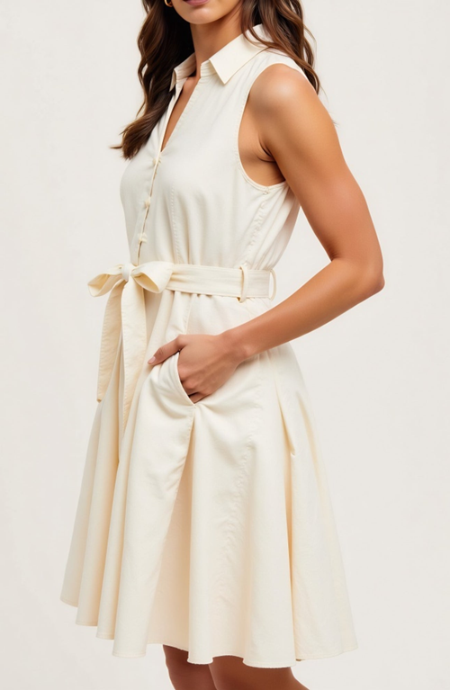 Modenaire Sleeveless Button-front Tie Waist Shirt Collar Fit-and-flare Dress In Neutral