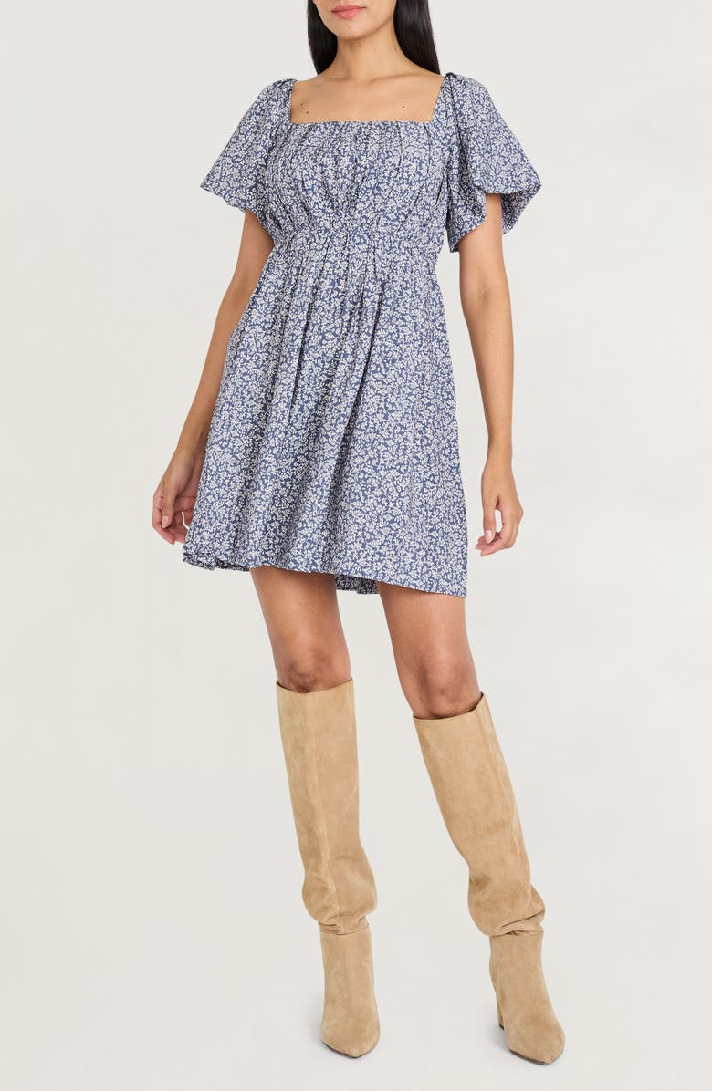 The Good Journey Puff Sleeve Smocked Minidress, Alternate, color, Denim/ Beige