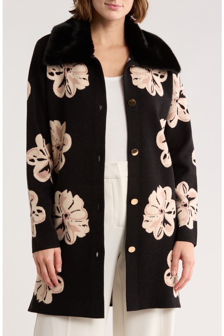 Vancouver Faux Fur Trim Cardigan, Main, color, BLACK/ TAPIOCA