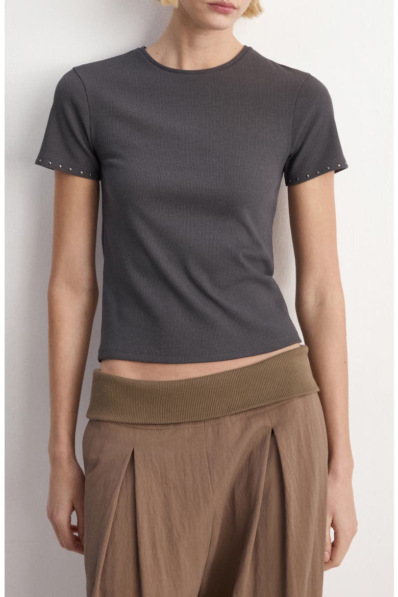 Studded Trim Stretch Cotton Blend Rib Crop T-Shirt, Main, color, CHARCOAL