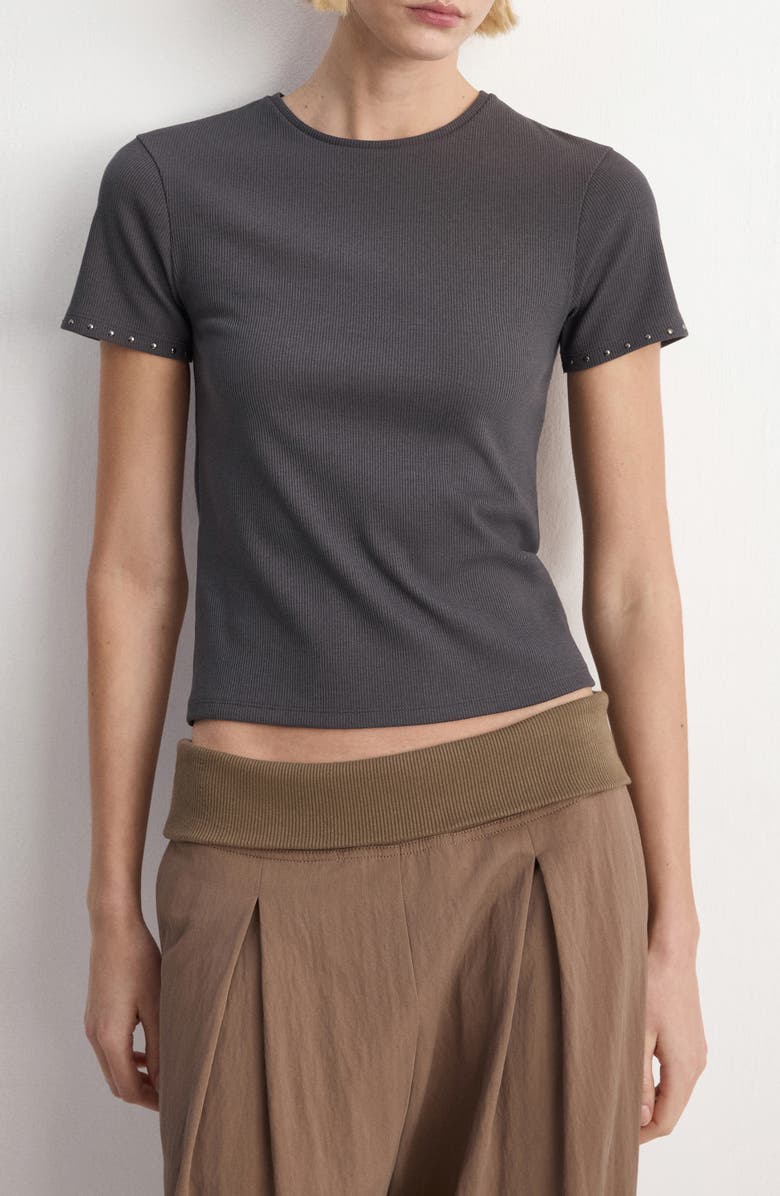 MANGO <p>Studded Trim Stretch Cotton Blend Rib Crop T-Shirt</p>, Main, color, Charcoal