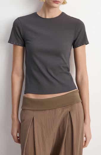 Studded Trim Stretch Cotton Blend Rib Crop T-Shirt