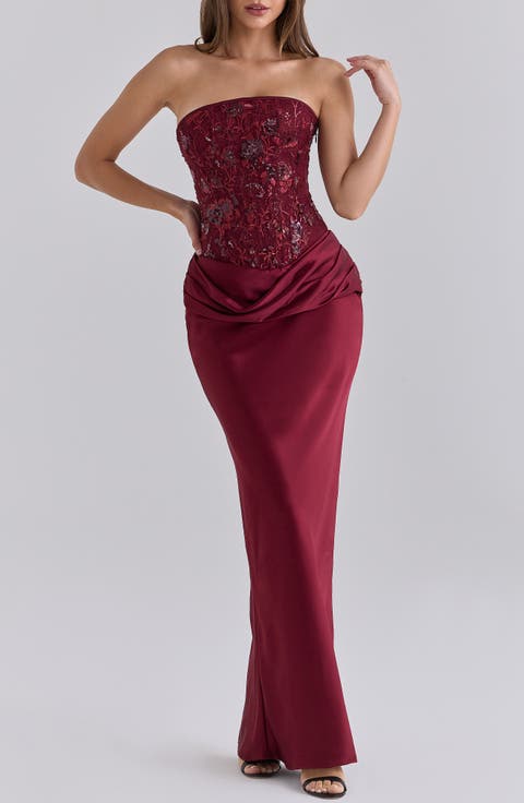 Samina Embellished Satin Strapless Maxi Dress