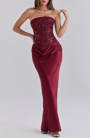 HOUSE OF CB Samina Embellished Satin Strapless Maxi Dress