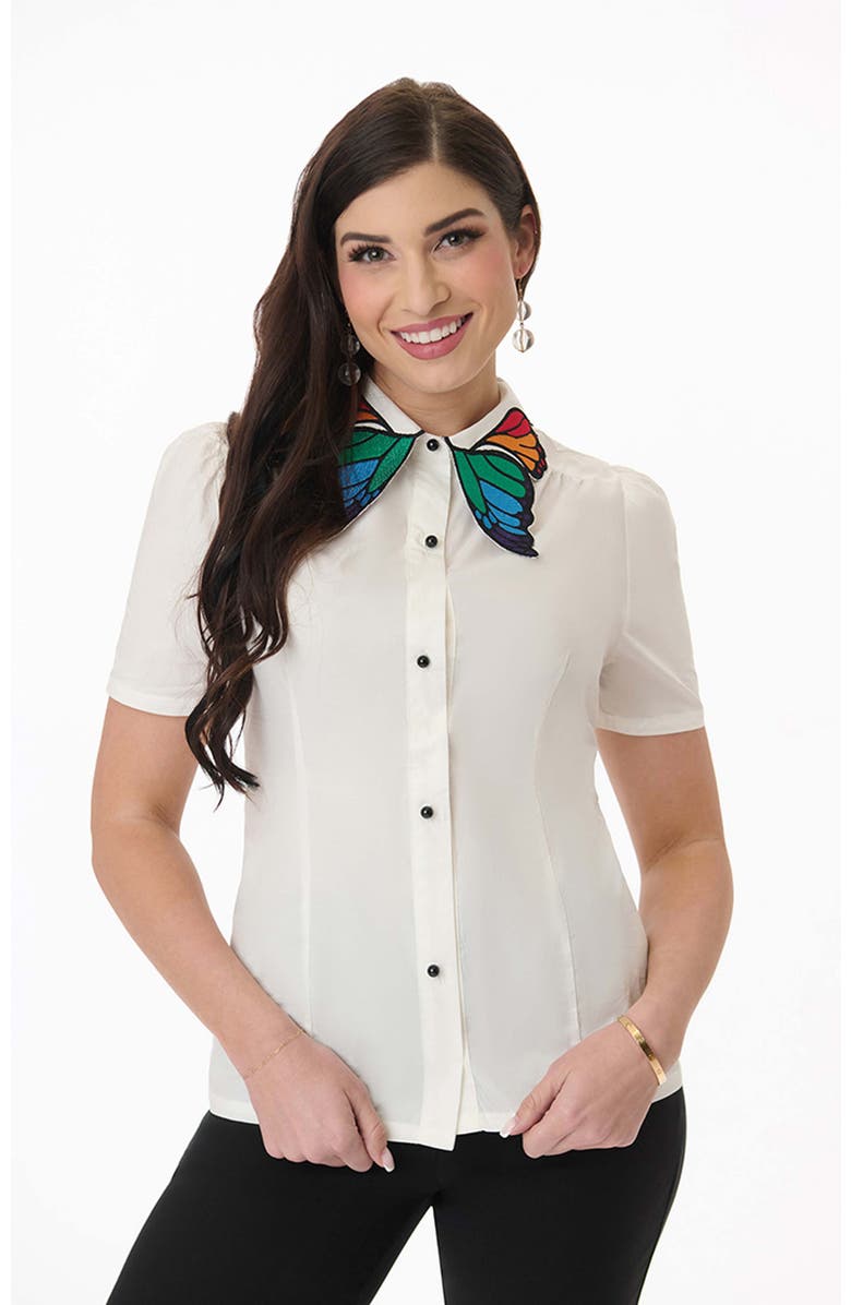 Unique Vintage Blouse With Embroidered Collar, Main, color, White