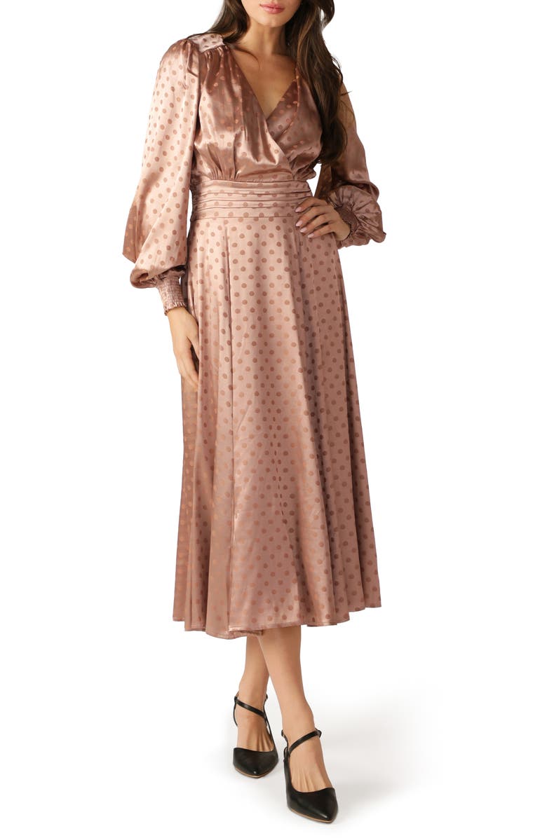 FLYING TOMATO Polka Dot Long Sleeve Satin Midi Dress, Main, color, Mocha