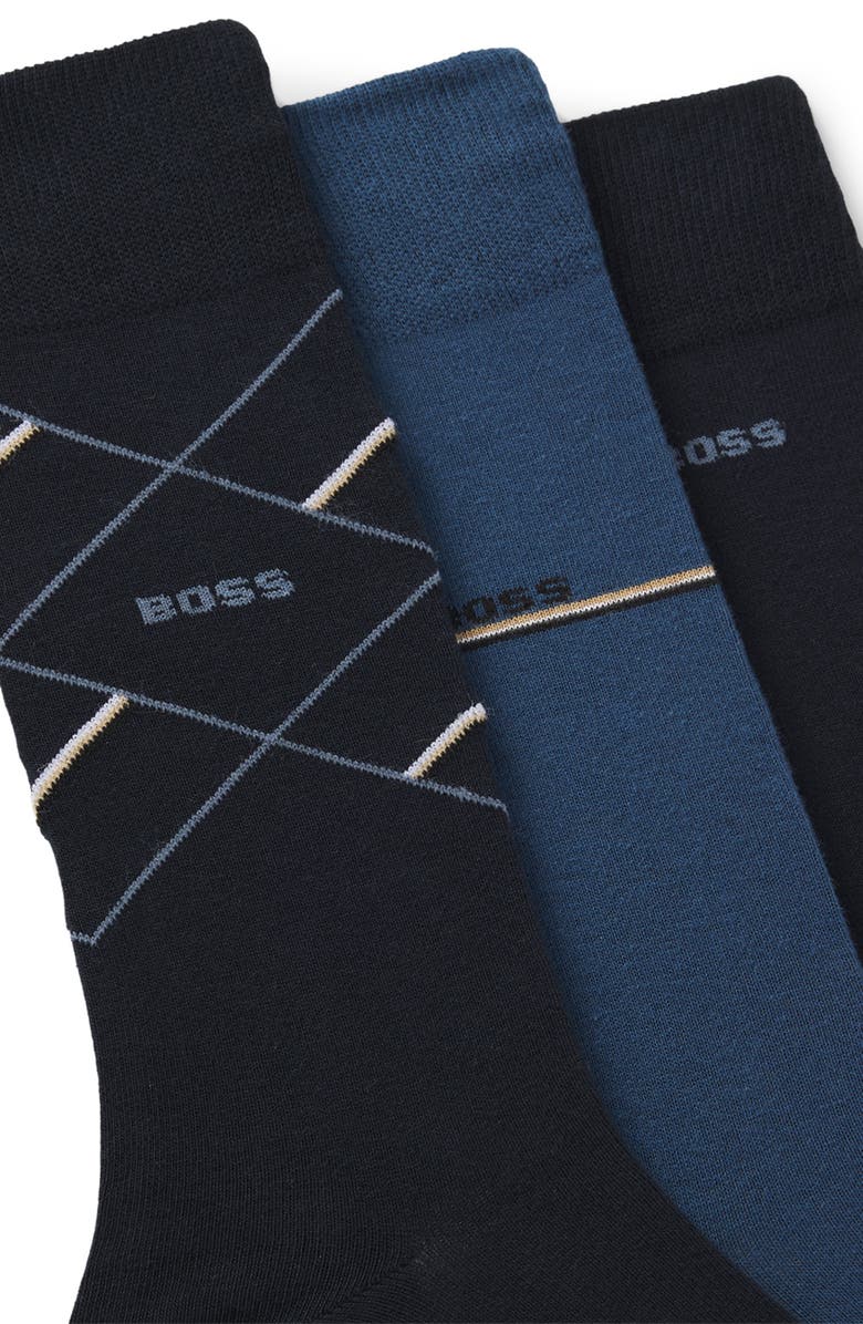 BOSS Assorted 3-Pack Geometric & Solid Cotton Blend Dress Socks Gift Box, Alternate, color, Black