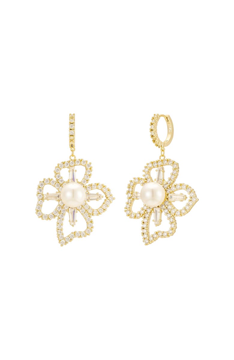 Untamed Petals Holly Pearl & Crystal Flower Drop Earrings, Main, color, Gold