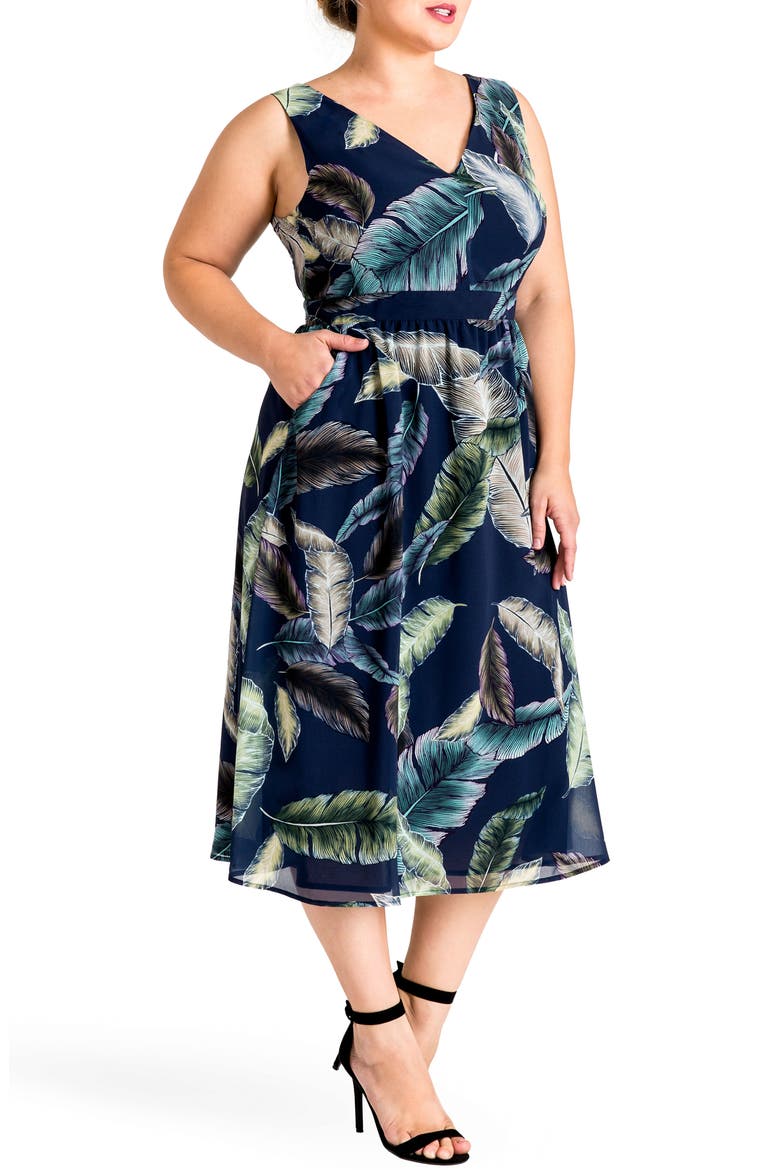 Naya Deep V-Neck Midi Dress, Main, color, LEAF PRINT