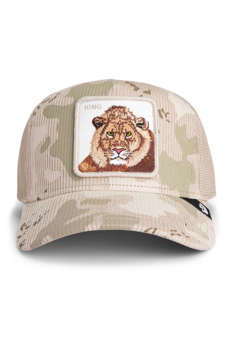 King Lion Camo Snapback Trucker Hat, Main, color, BISCUIT