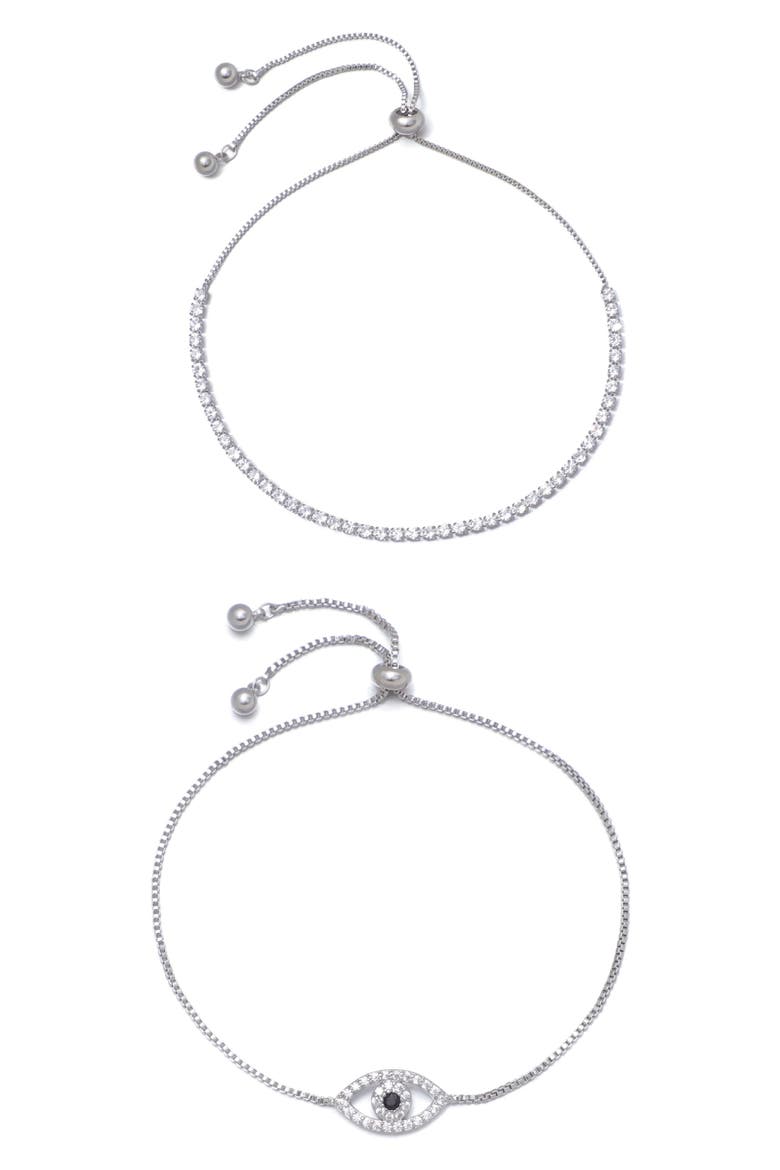 Set of 2 Evil Eye & Tennis Bracelets, Main, color, SILVER