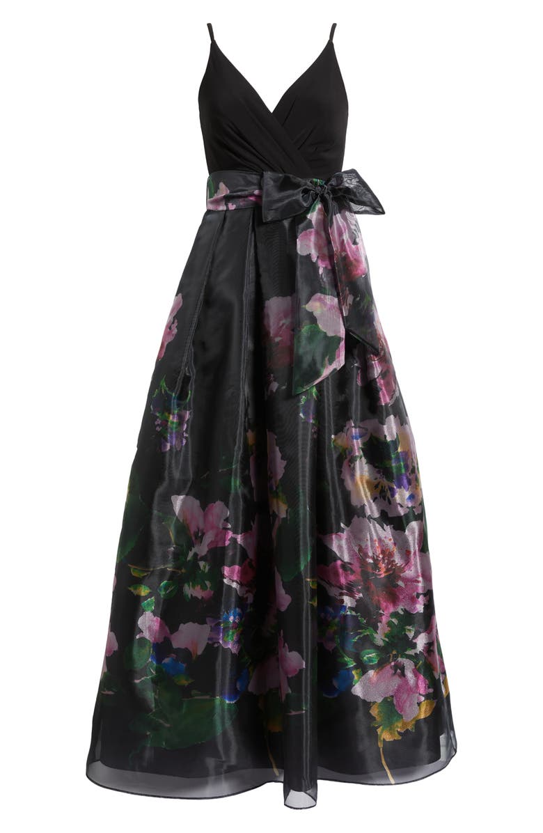 Eliza J Placed Floral Mixed Media Gown, Alternate, color, Black Multi