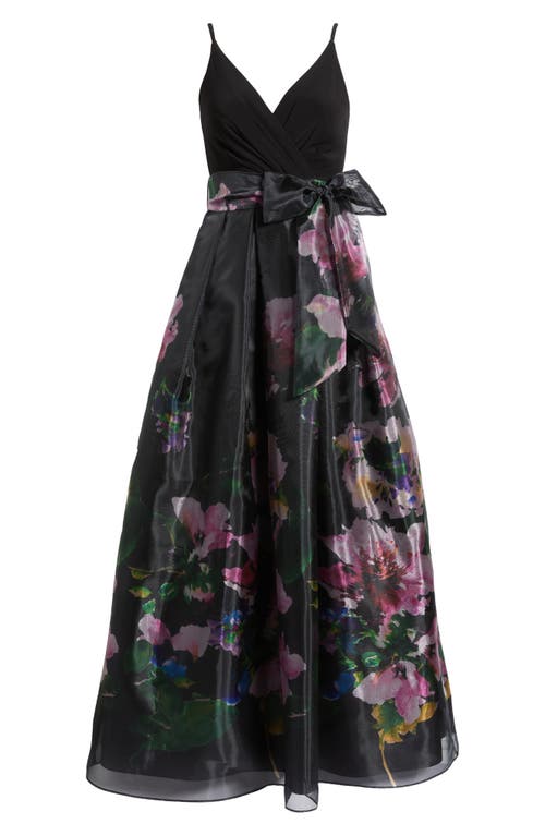 Eliza J Placed Floral Mixed Media Gown In Black