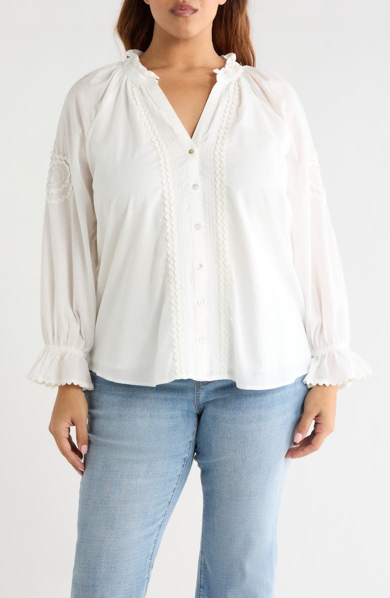 Liverpool Los Angeles Rickrack Front Button Cotton Top, Main, color, Bone