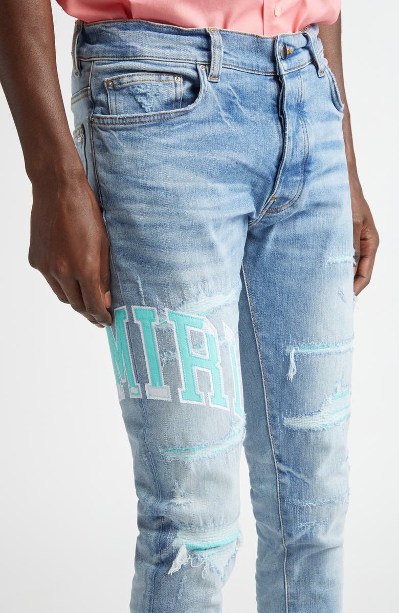 AMIRI Varsity Logo Rip & Repair Skinny Fit Jeans, Alternate, color, Perfect Indigo
