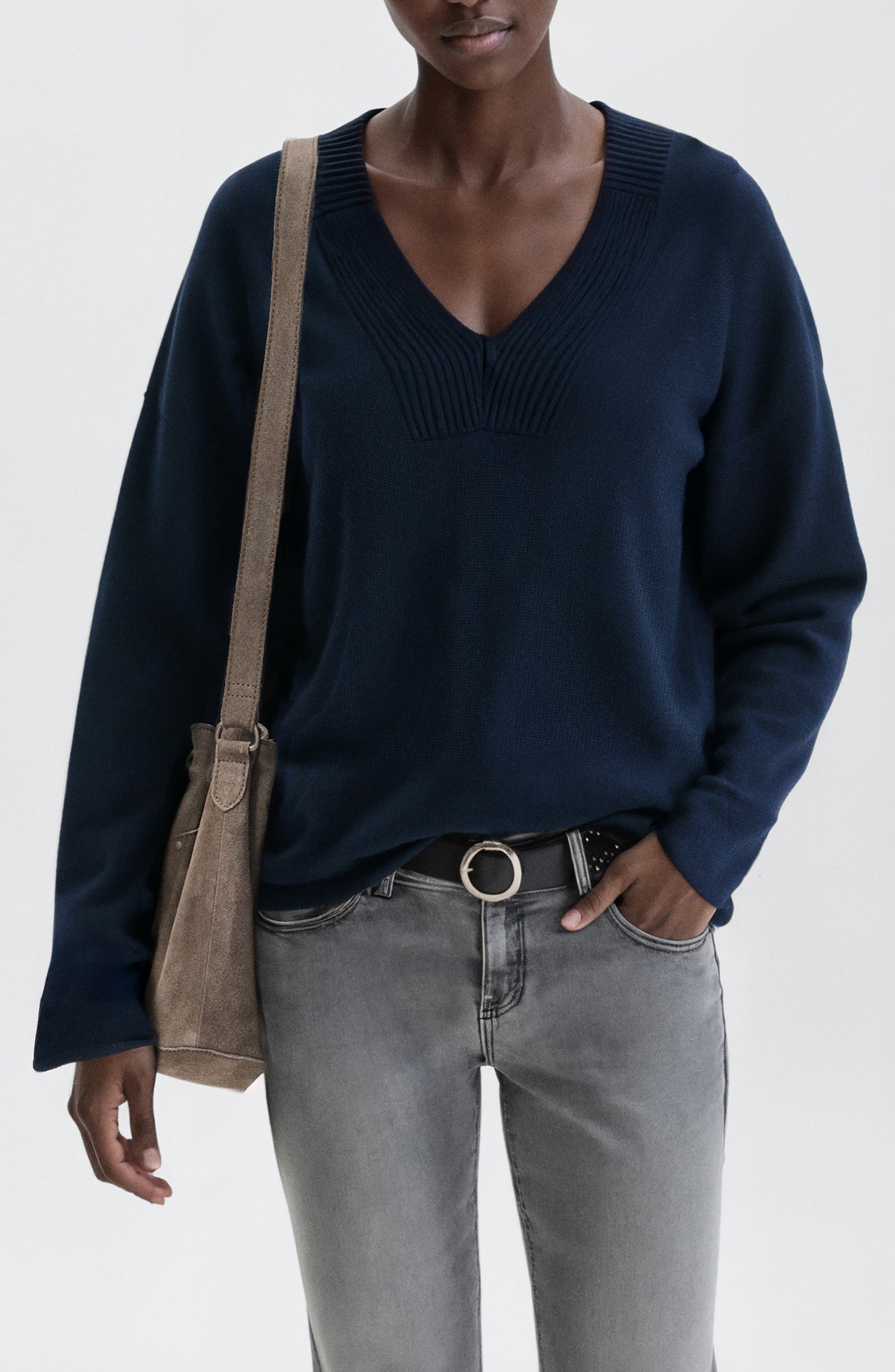 Mango Teen Relaxed Fit V-neck Cotton Sweater In Blue