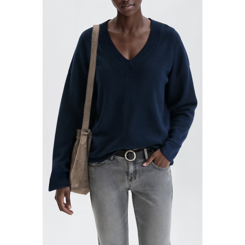 Mango Teen Relaxed Fit V-neck Cotton Sweater In Blue