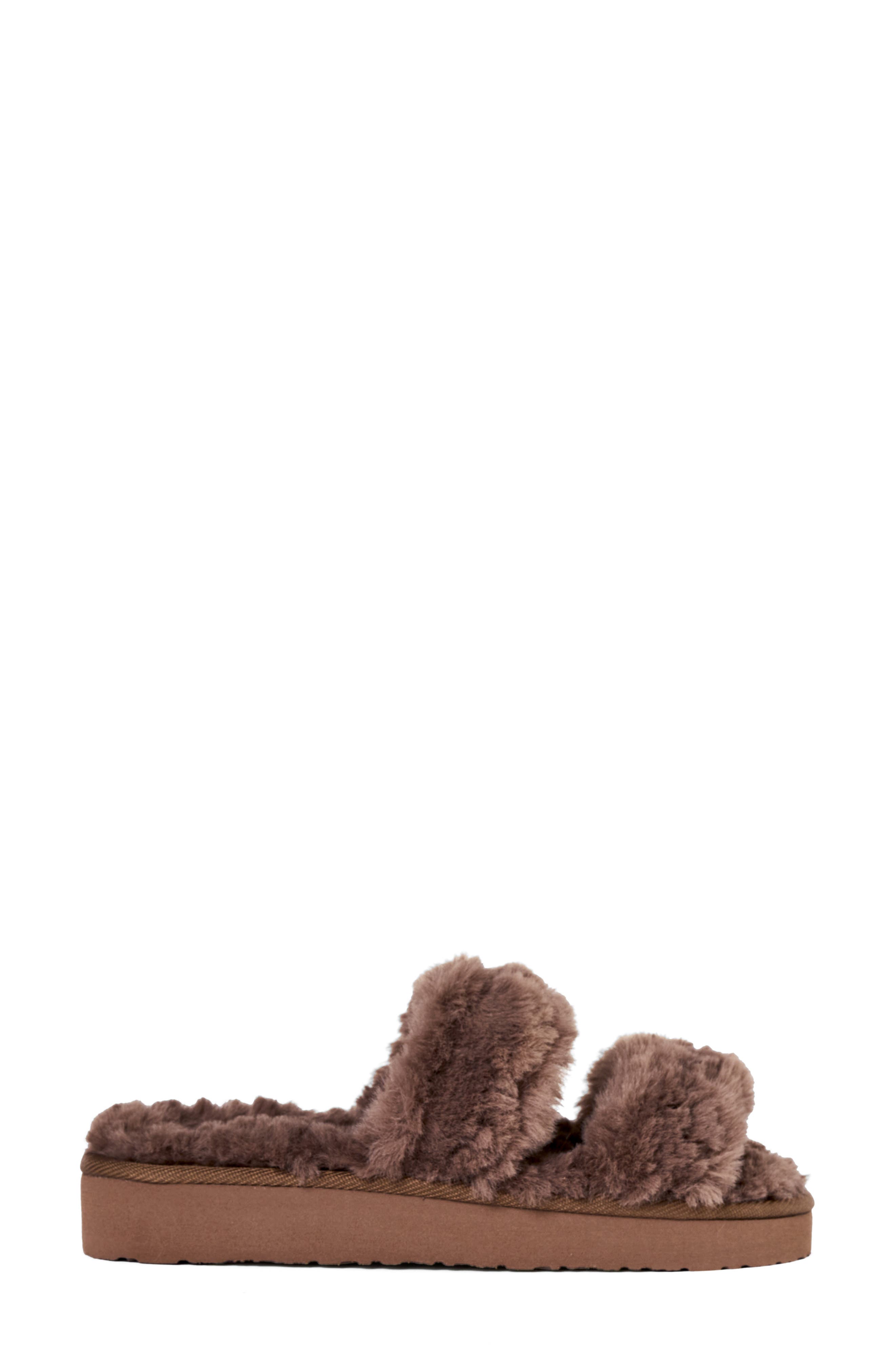 Teddy Faux Fur Two Band Slipper, Alternate, color, CHOCOLATE
