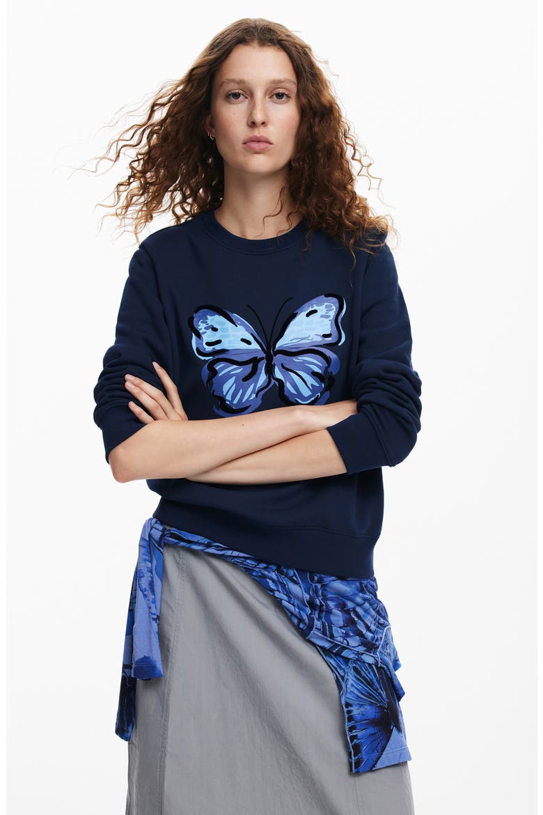 Butterfly Crewneck Cotton Sweatshirt, Alternate, color, BLUE