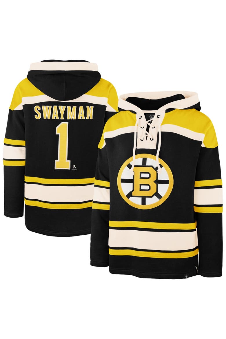 Men's '47 Jeremy Swayman Black Boston Bruins Player Name & Number Lacer Hoodie, Main, color, Black