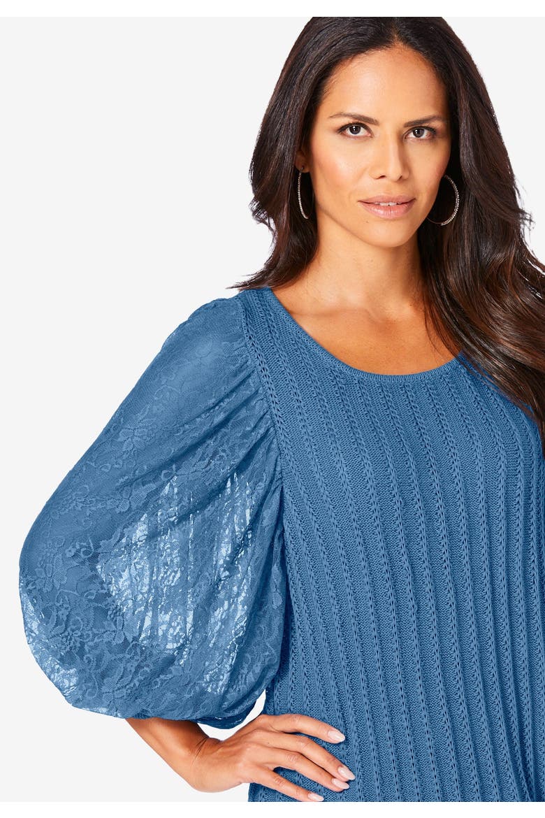 Lace Sleeve Sweater, Alternate, color, DEEP TEAL