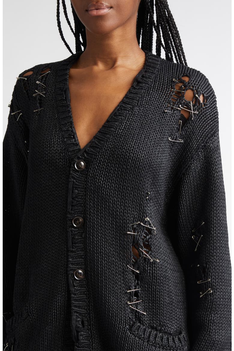 Distressed Oversize Cotton V-Neck Cardigan, Alternate, color, COATED BLACK